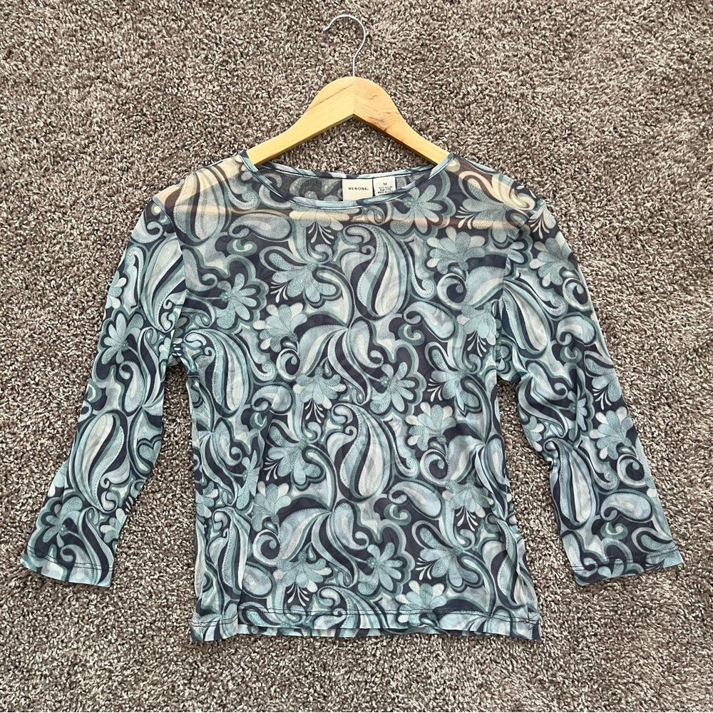 Floral Patterned Blue Sheer Top